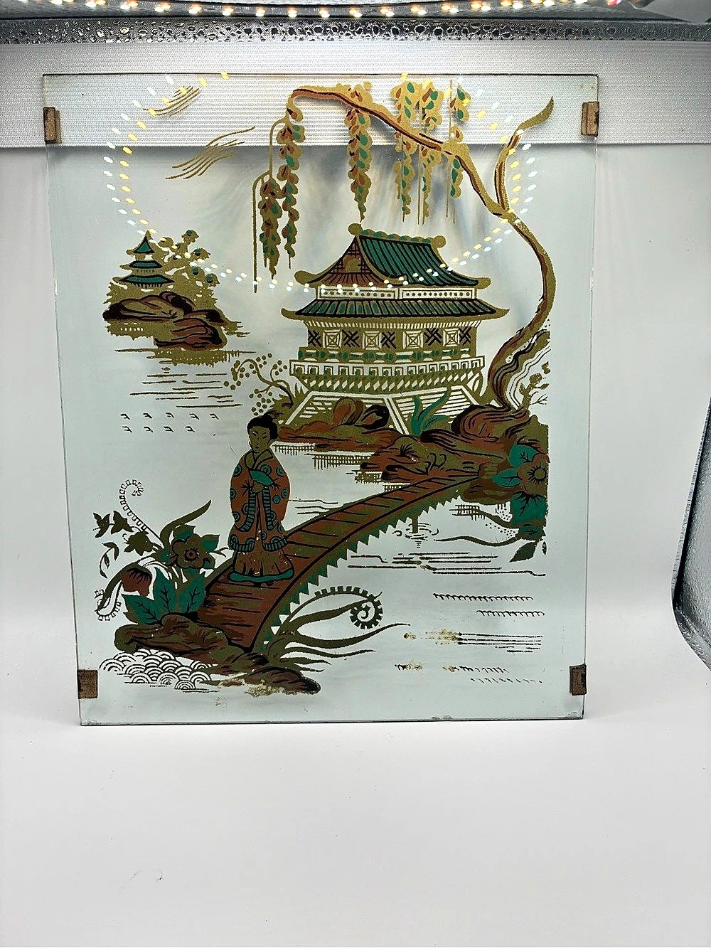 Asian Temple Wall Art in White & Green